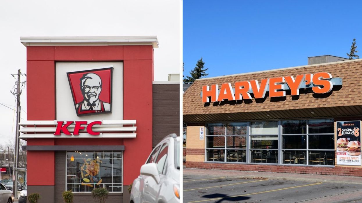 The exterior of a Kentucky Fried Chicken restaurant in Canada. Right: The exterior of a Harvey's restaurant in Canada. Right: