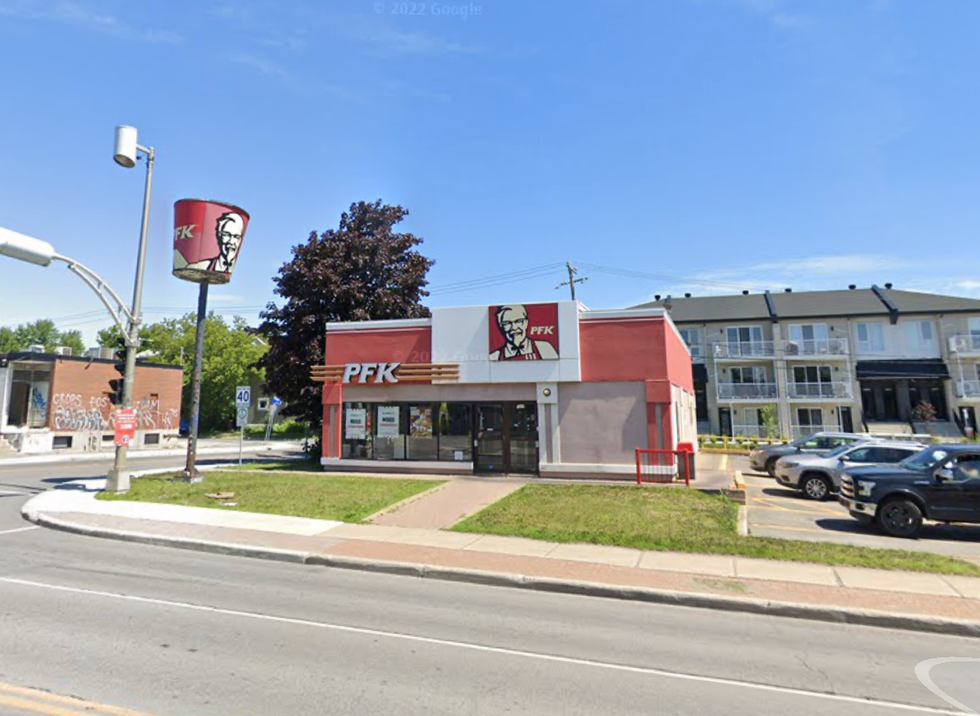 The exterior of a KFC fast food restaurant in Laval.