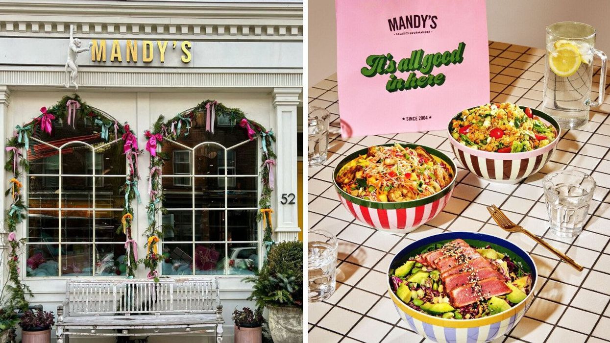 The exterior of a Mandy's location in Montreal. Right: A variety of Mandy's salads.