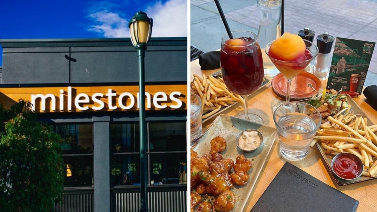 The exterior of a Milestones Grill and Bar, Right: The general tao, tacos, fries and cocktails from Milestones Bar + Grill.