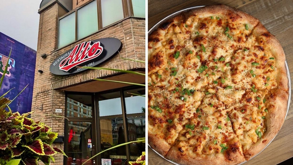 The exterior of a Montreal pizza restaurant during the springtime with flowers and plants in front. Right: A pizza made with six different types of cheese, macaroni and cheese, bacon and jalapeños.
