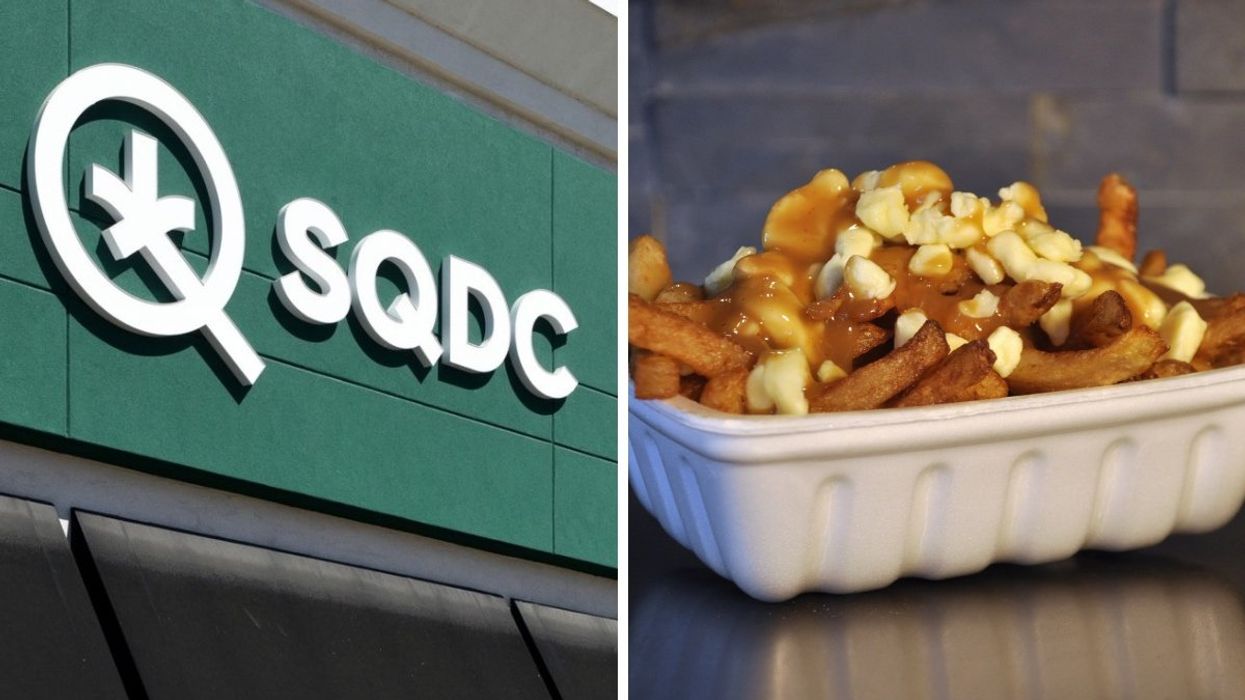 The exterior of a SQDC in Quebec. Right: A poutine.