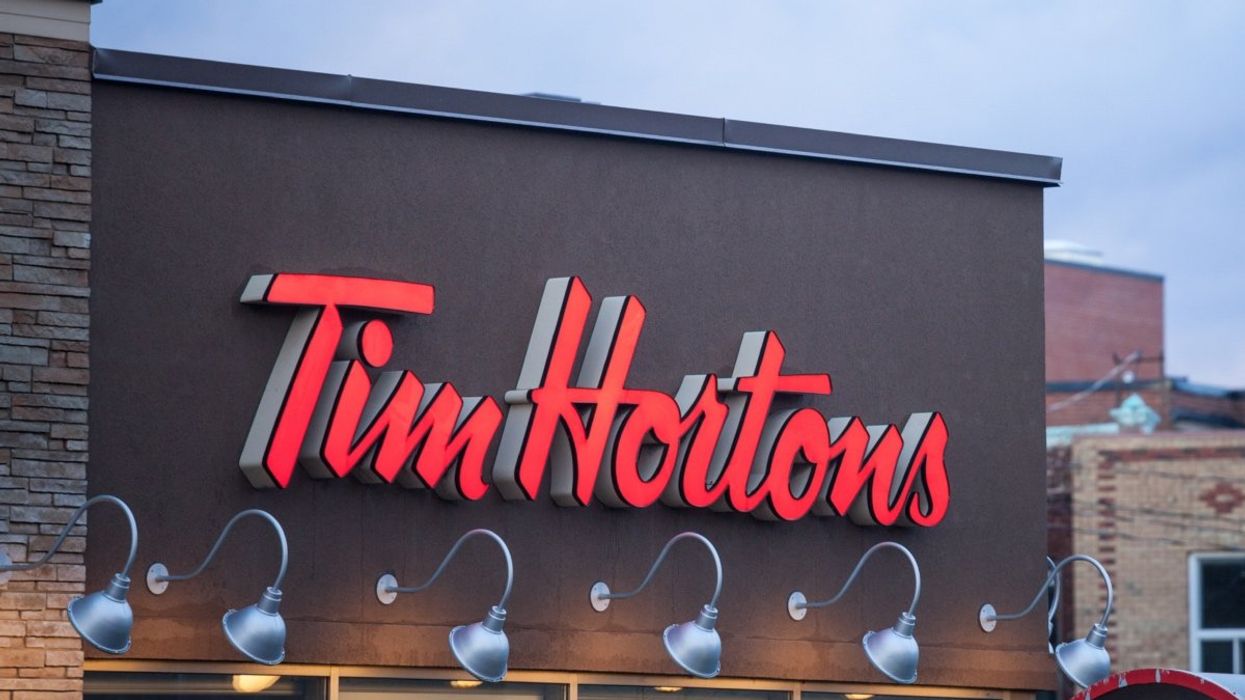 The exterior of a Tim Hortons restaurant in Montreal, Quebec.