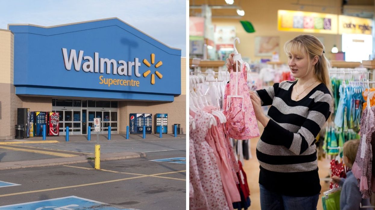 The exterior of a Walmart Supercentre. Right: A pregnant person shopping for baby clothes. 