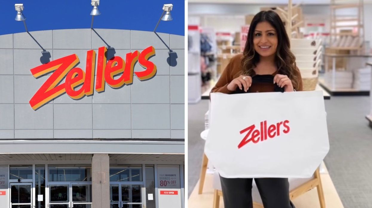 The exterior of a Zellers store. Right: A person inside a Zellers store holding a Zellers bag.