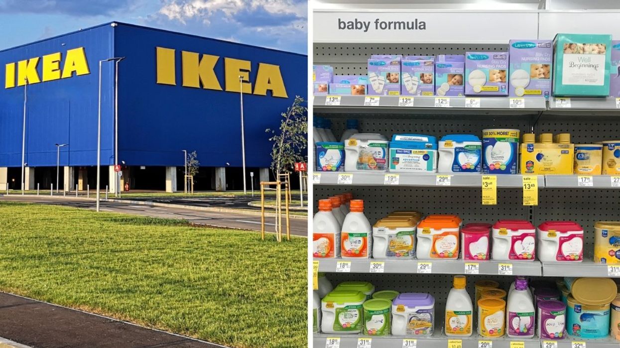 The exterior of an IKEA store. Right: Baby formula section at a pharmacy.