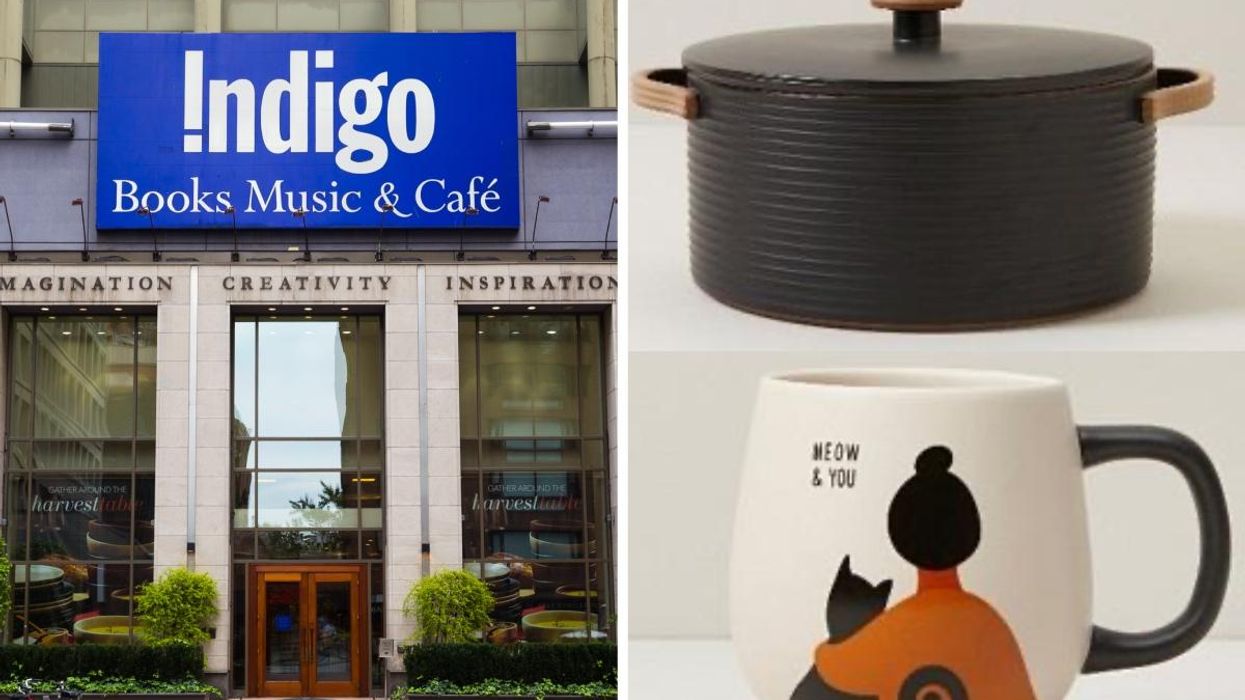 The exterior of an Indigo book store, Right: A mug and a pot recalled from Indigo by Health Canada.