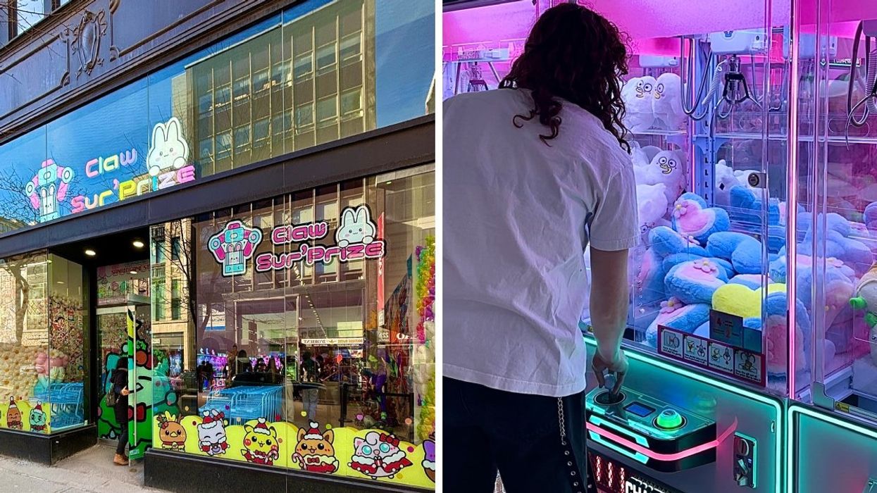 The exterior of Claw Surprize in Downtown Montreal. Right: A person playing a claw machine arcade game in Montreal.