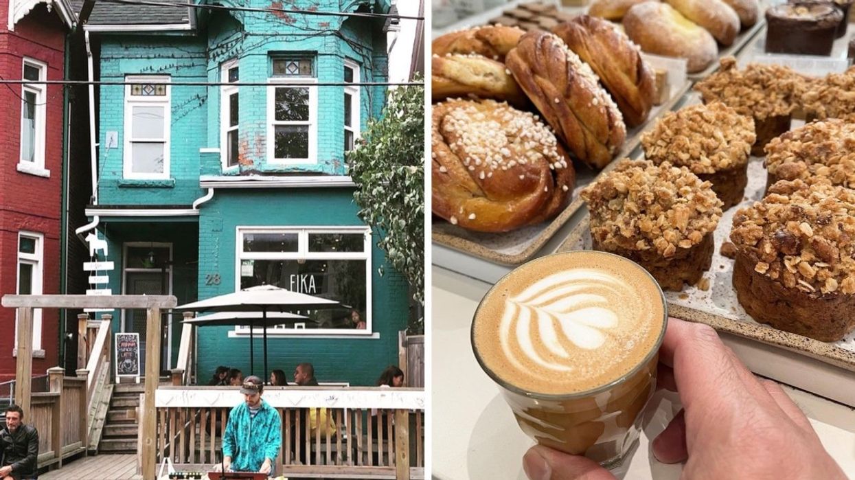 The exterior of Fika Café at Kensington Market in Toronto, Right: Someone holding a latte with baked goods in the background from Fika Café.