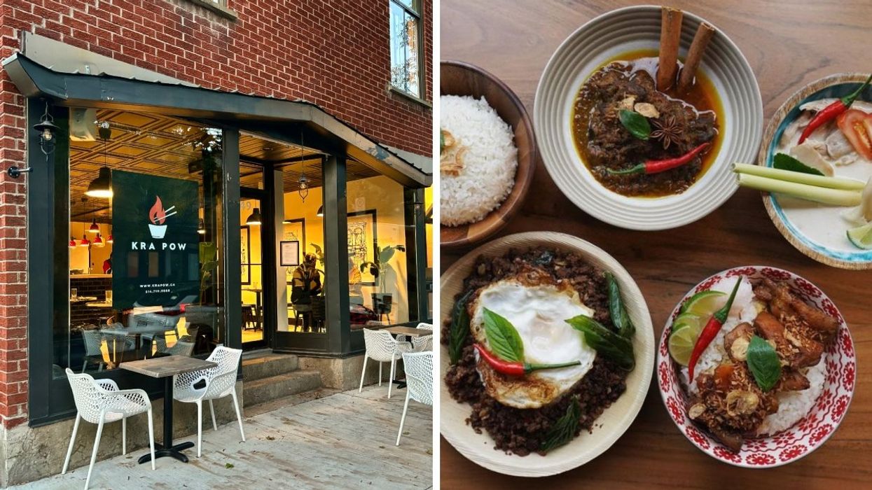The exterior of Kra Pow; a Southeast Asian restaurant in Montreal's Plateau. Right: Several Southeast Asian dishes from Kia Pow restaurant in Montreal.