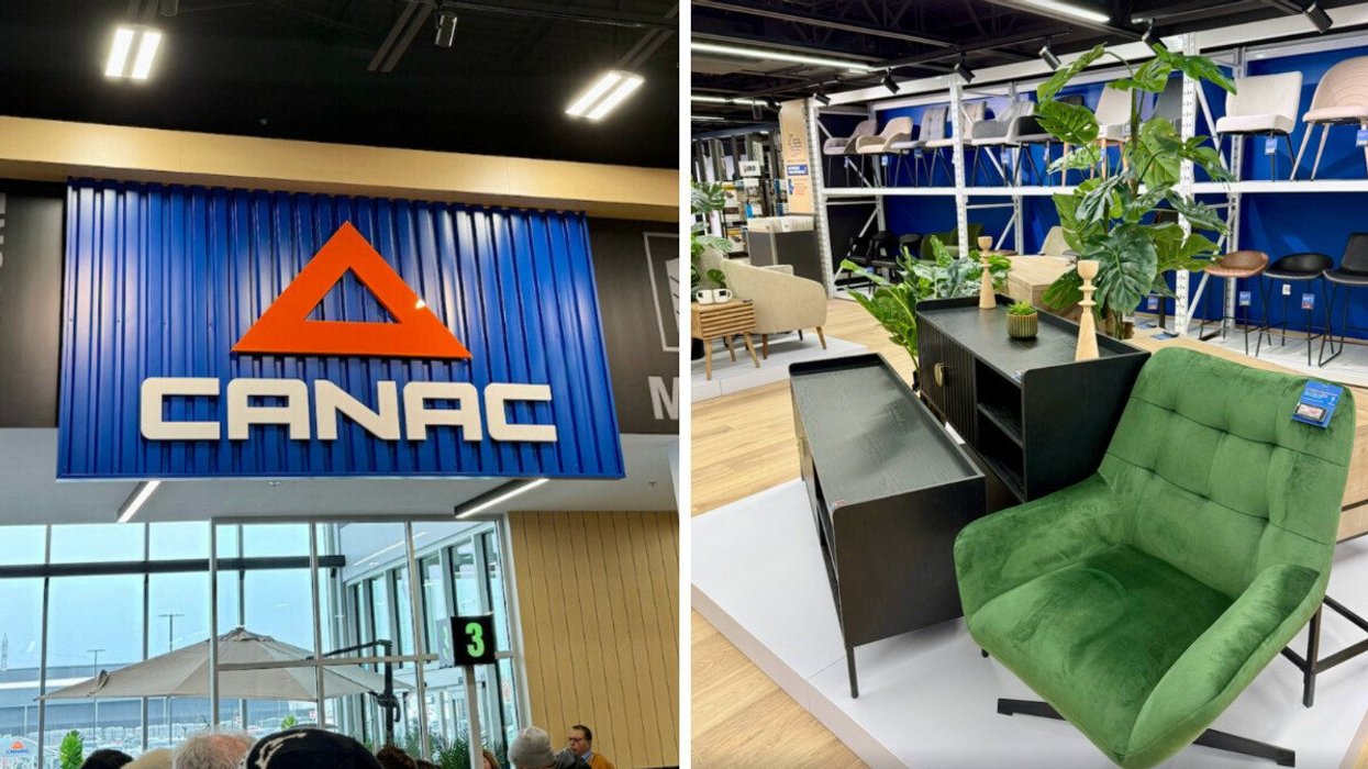 The exterior of Laval's new Canac store. Right: The interior of the new Canac store, which has items that look like they're from Winners or HomeSense.