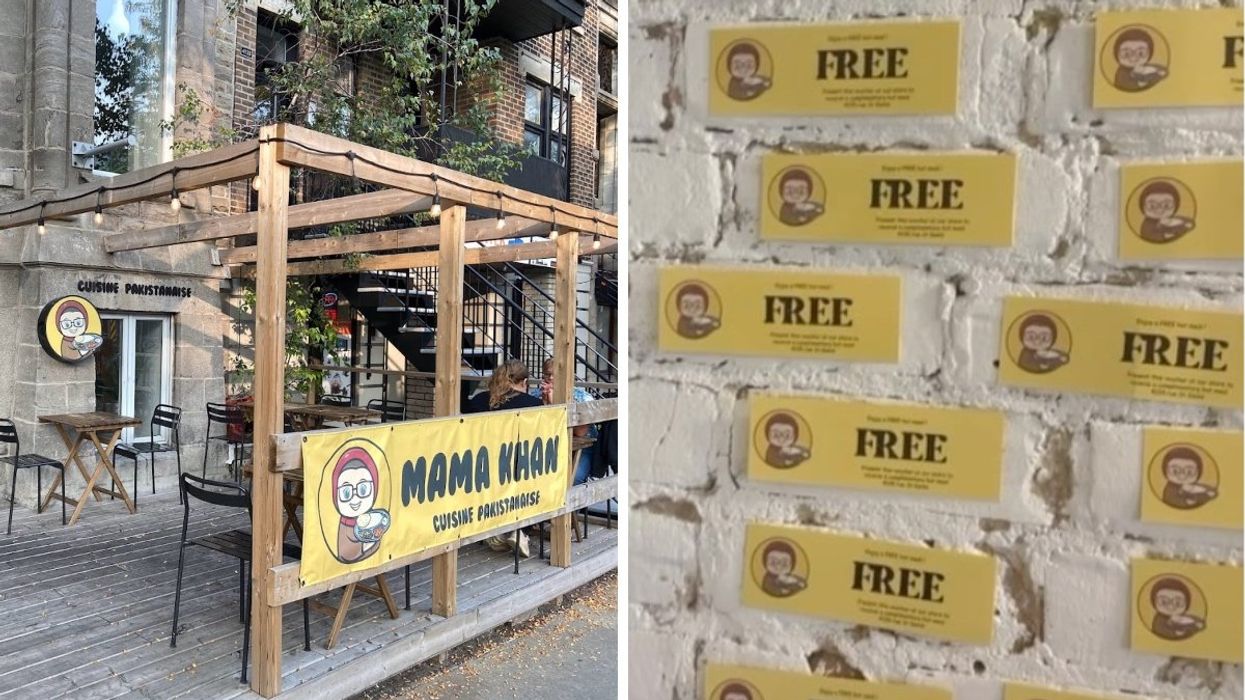 The exterior of Mama Khan and its Terrasse during the summertime in Montreal. Right: A wall with free yellow meal vouchers.