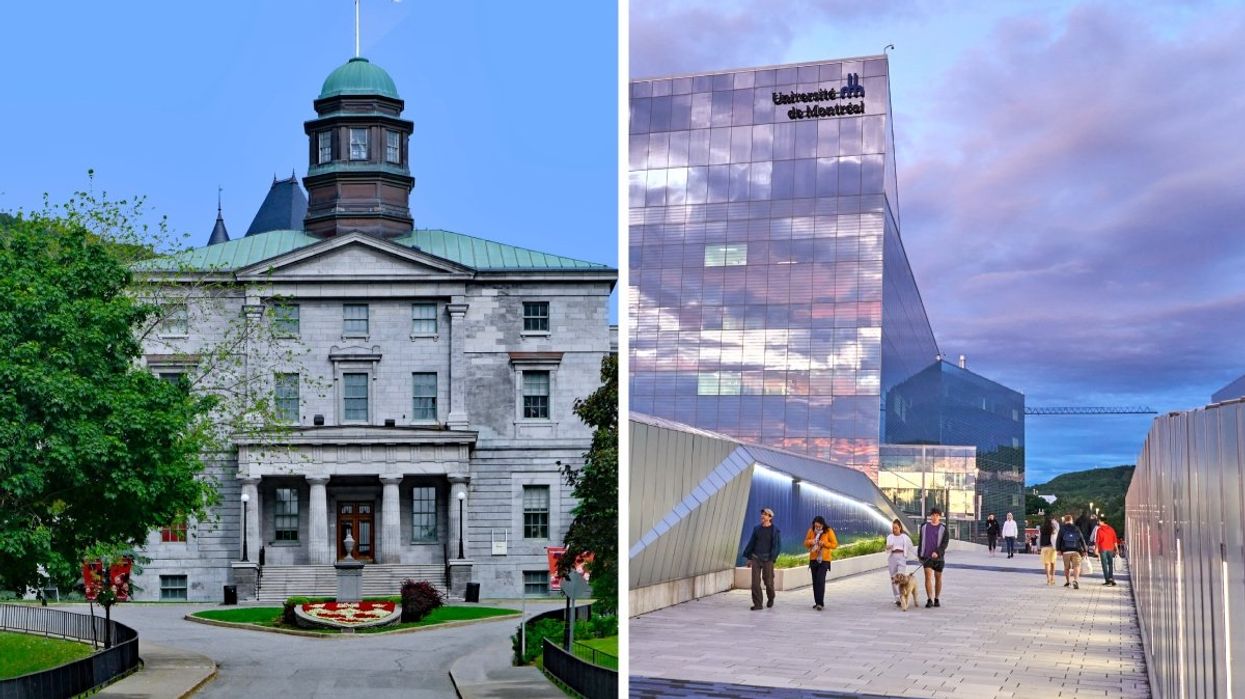 The exterior of McGill University in Montreal, Quebec, Right: People walking by the Université de Montreal.
