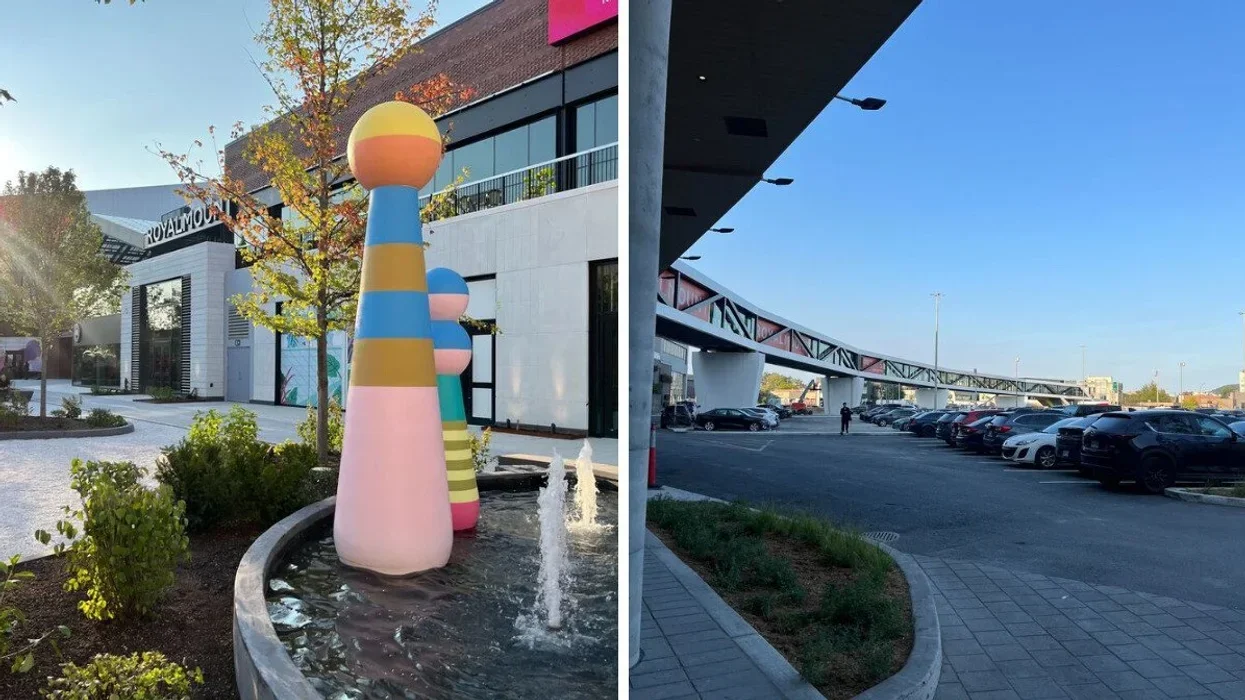 The exterior of Montreal's new Royalmount shopping complex. Right: The Parking lot at Royalmount.
