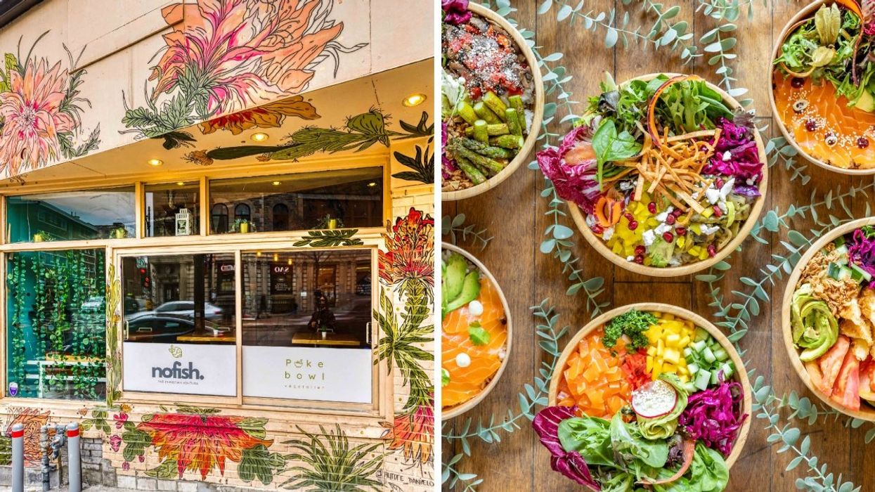 The exterior of Montreal's newest poké restaurant Nofish on boulevard Saint-Laurent. Right: Several vegan poké bowls from Nofish in Montreal, Quebec.