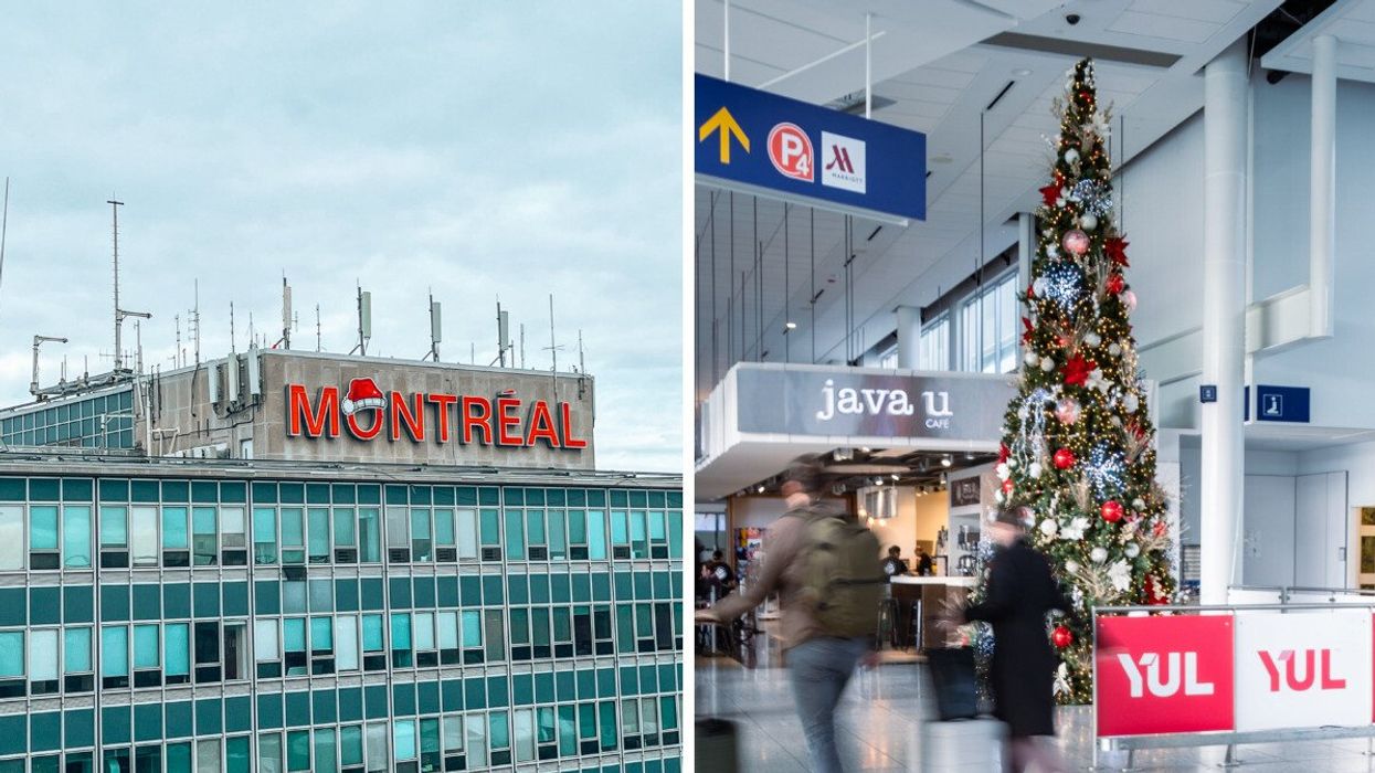 The exterior of Montreal-Trudeau International Airport with a festive Santa hat added to the red "Montreal" sign atop the building. Right: The interior of YUL airport decorated for the holidays, featuring a lit Christmas tree near the Java U café, with passengers walking by.