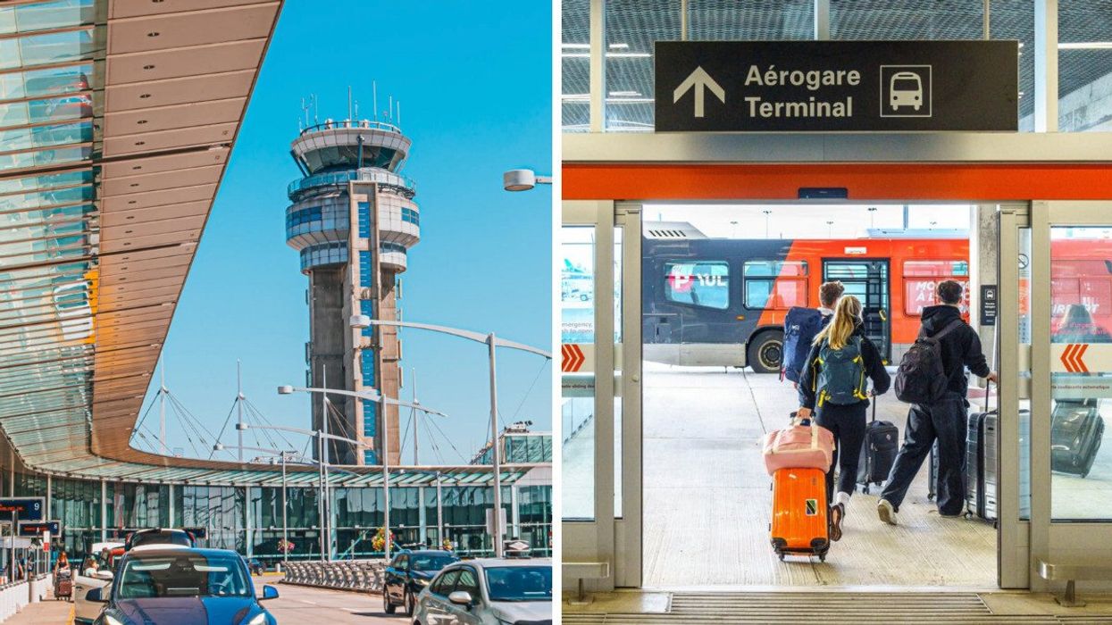 The exterior of Montréal-Trudeau International Airport with its control tower and a line of vehicles outside. Right: Travellers with luggage boarding a shuttle bus at the airport terminal entrance.