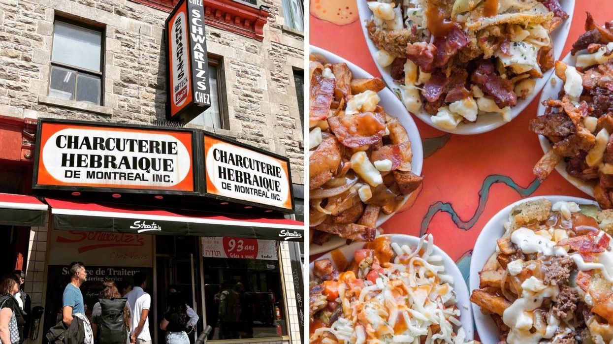 The exterior of Schwartz's smoked meat restaurant in Montreal. Right: Several poutine dishes from La Banquise in Montreal.