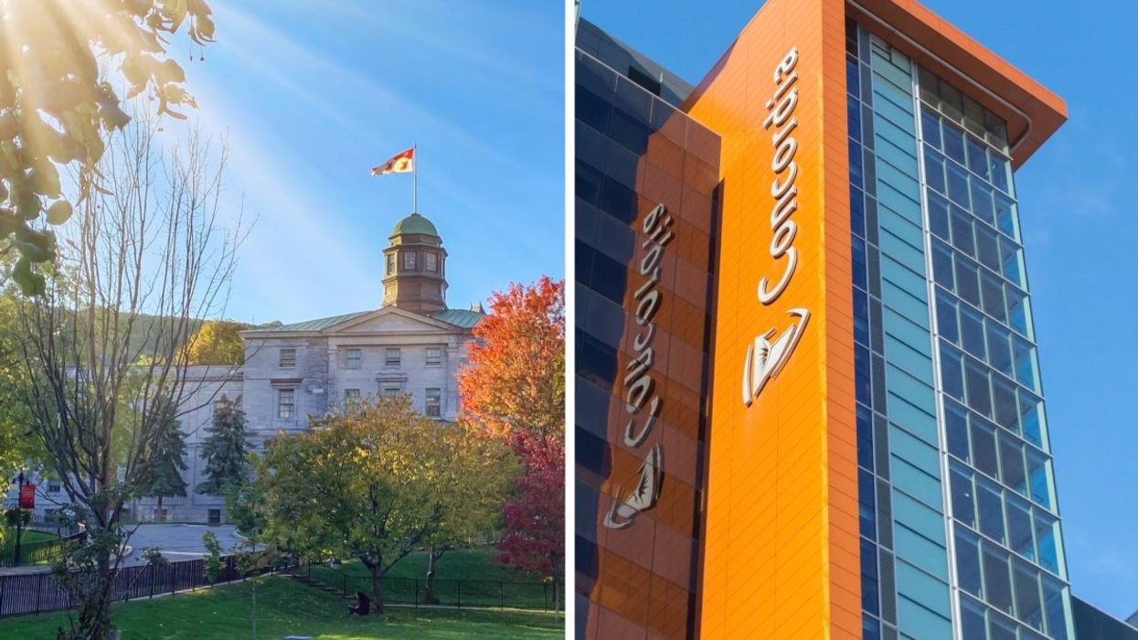 The exterior of the McGill University campus in Montreal during the fall. Right: The exterior of the JMSB Concordia building in downtown Montreal.