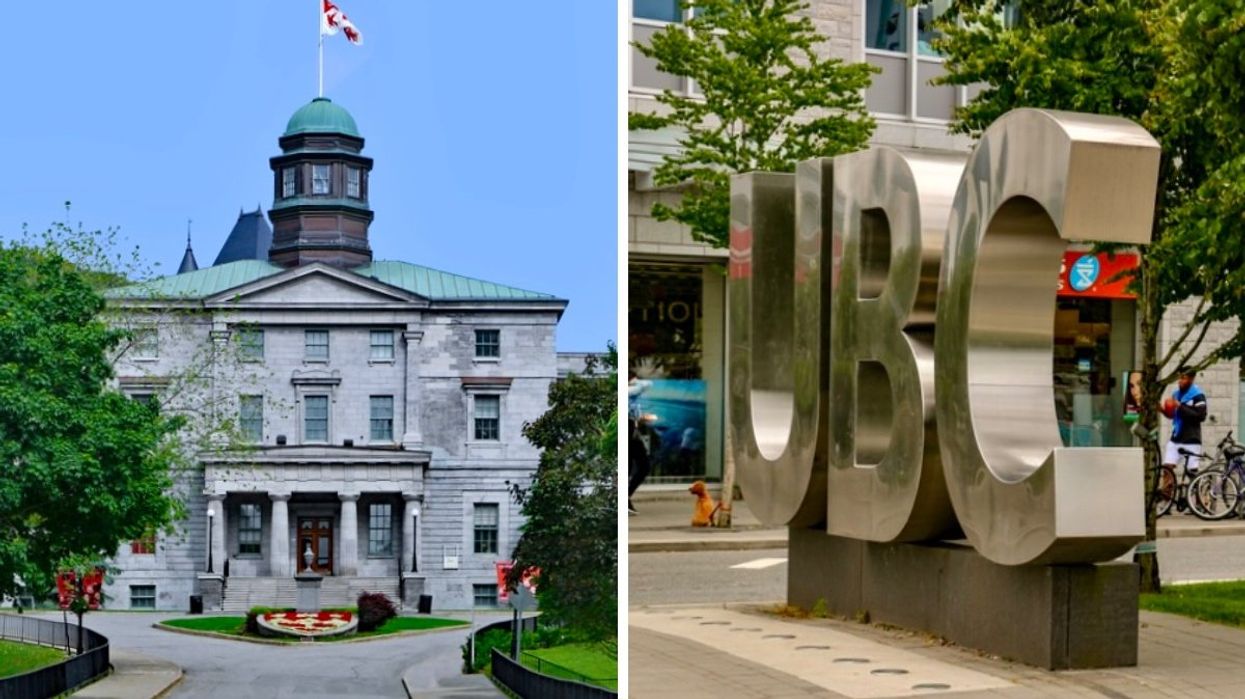 The exterior of the McGill University campus in Montreal. Quebec. Right: A UBC sign outside oft the University of British Columbia campus.