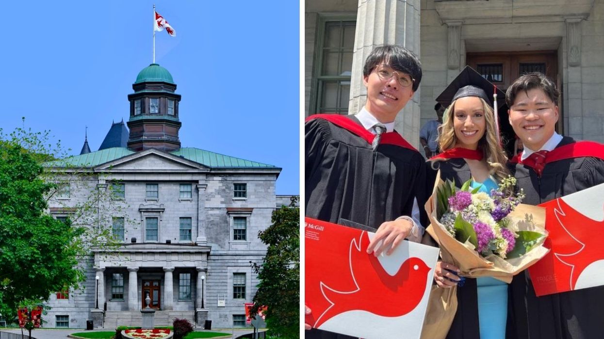 The exterior of the McGill University campus with lush greenery and a flag flying on the roof. Right: Three McGill graduates posing with their degrees in front of the McGill campus in Montreal. 