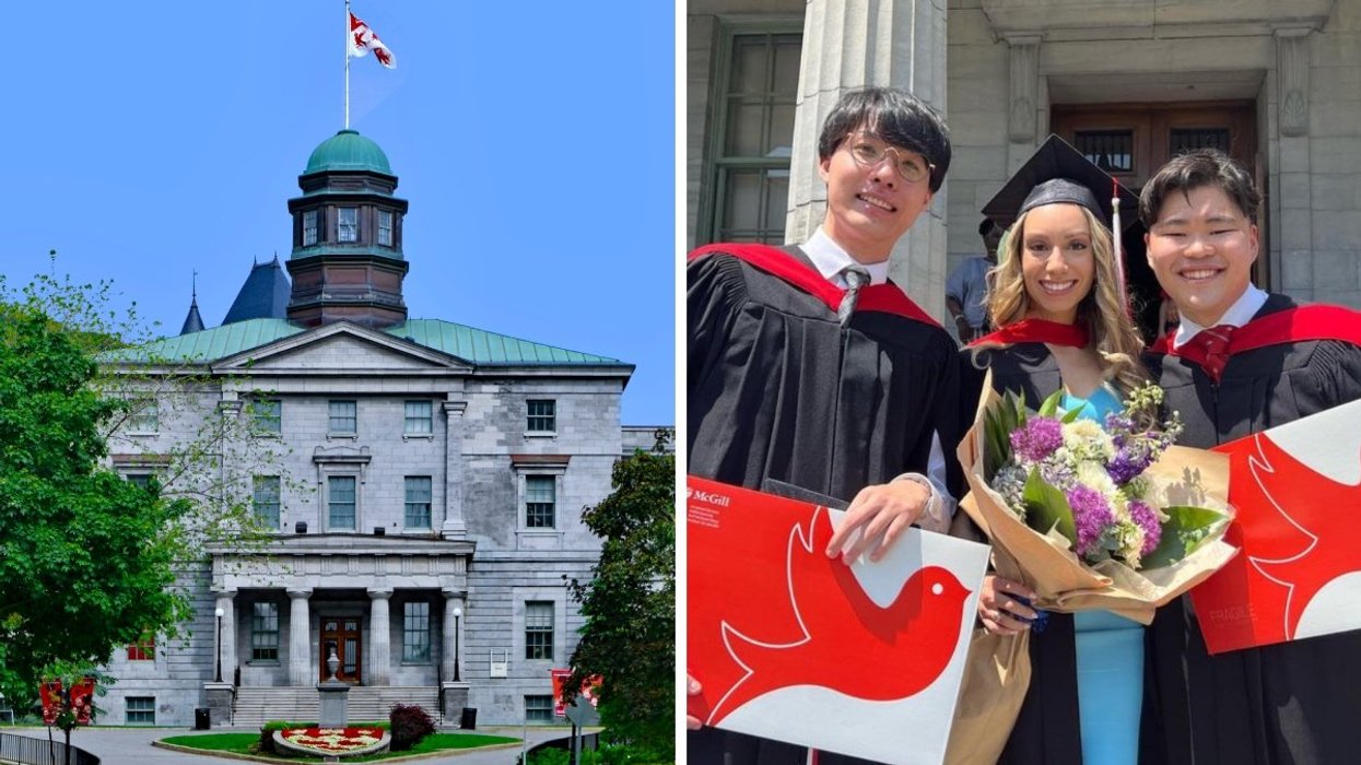 The exterior of the McGill University campus with lush greenery and a flag flying on the roof. Right: Three McGill graduates posing with their degrees in front of the McGill campus in Montreal. 