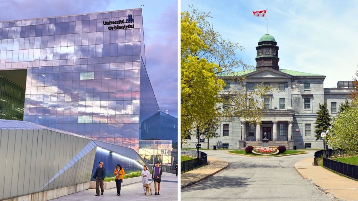 The exterior of the Université de Montréal campus in Montreal, Quebec. Right: The exterior of the McGill University campus in Montreal, Quebec.