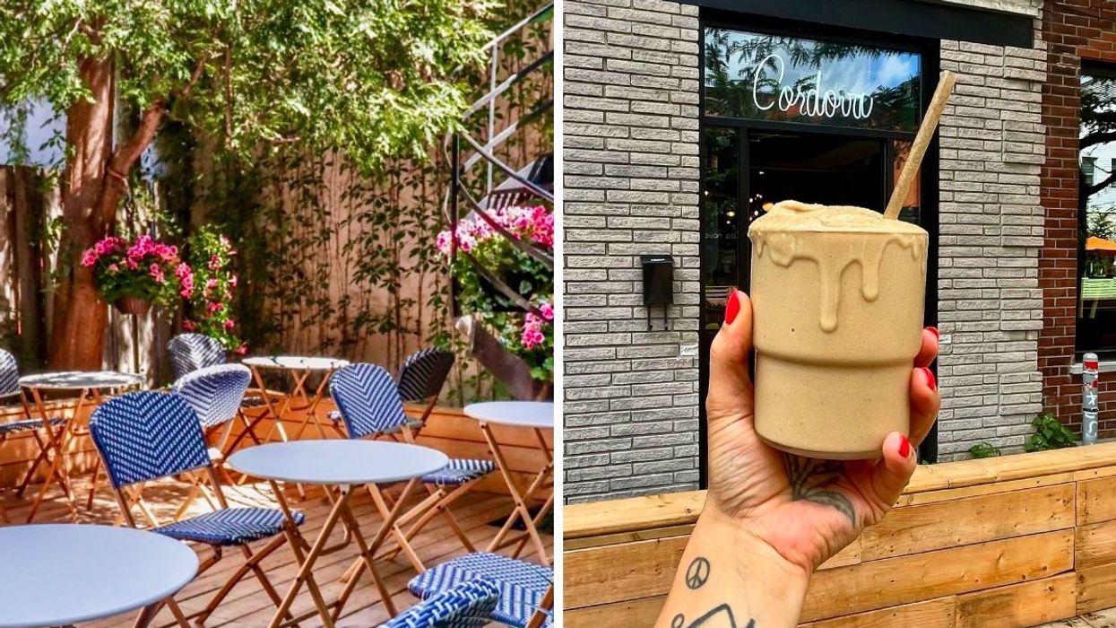 The exterior terrasse at Montreal café Maison Oflore. Right: A person holding up a blended iced coffee from Cordova café in Montreal.
