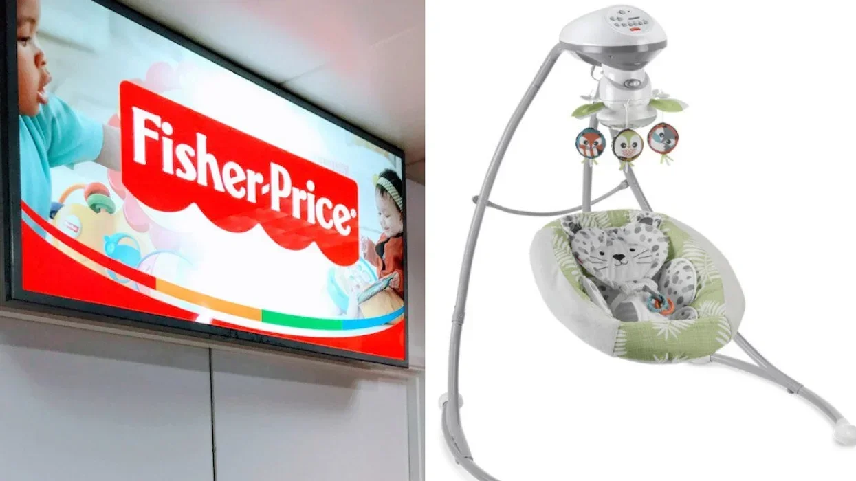 The Fisher-Price logo. Right: One of the recalled baby swings.