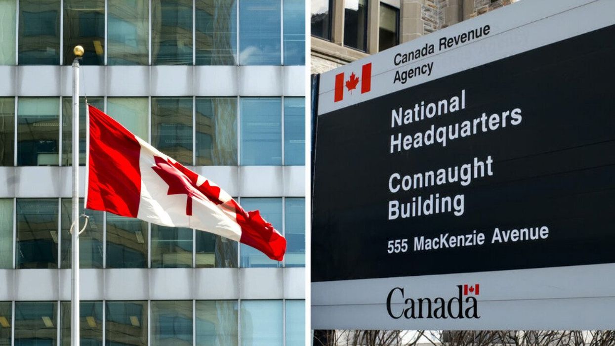 The flag of Canada with an office building in the background. Right: A sign marking the Canada Revenue Agency headquarters in Ottawa, Ontario.