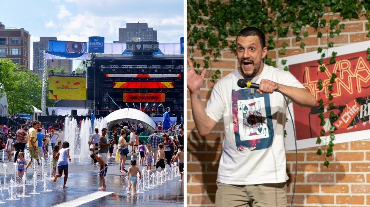 The Franco festival in Montreal during the summer. Right: A person performing stand-up on stage.