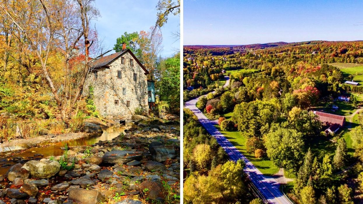 The Frelighsburg Mill during the autumn. Right: A quaint town during the fall with a long road passing between.