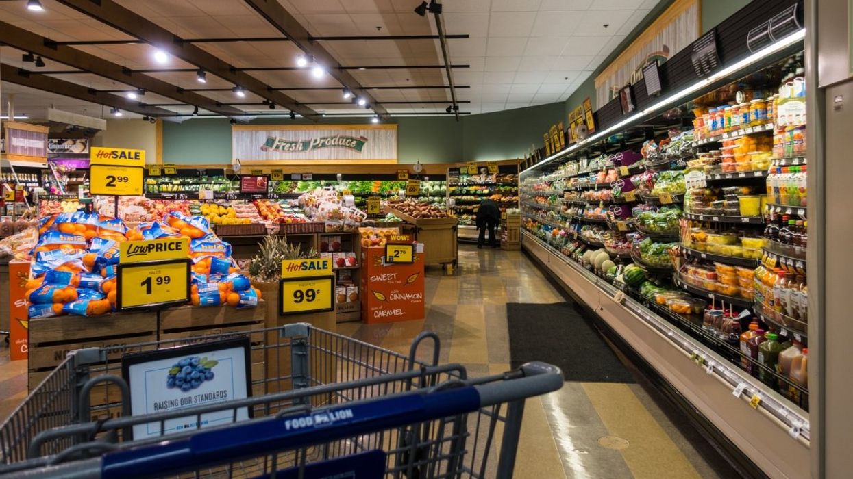 The fresh fruit and vegetable section of a grocery store with an empty carriage and items stacked onto refrigerated shelves.