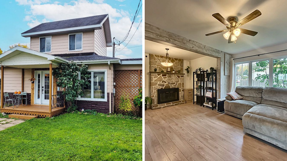 The front exterior of the home. Right: the living room with fireplace.