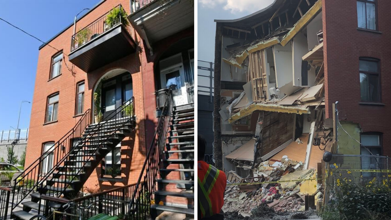 The front of a brick triplex in Montreal's Saint-Henri neighbourhood. Right: A partially collapsed brick building.