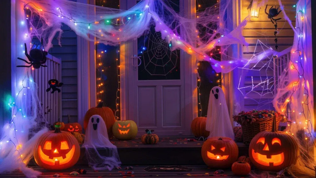 The front of a house decorated for Halloween.