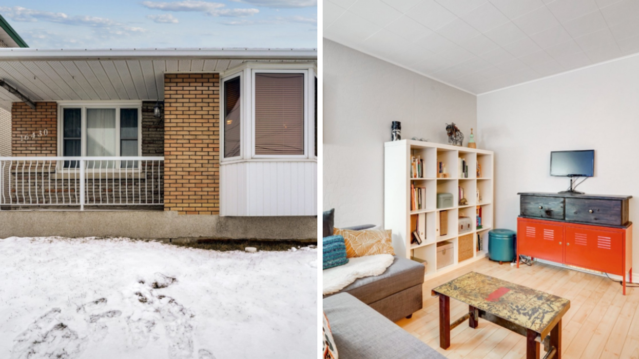 The front of the $245,000 house for sale in Montérégie. Right: the living space in the home.