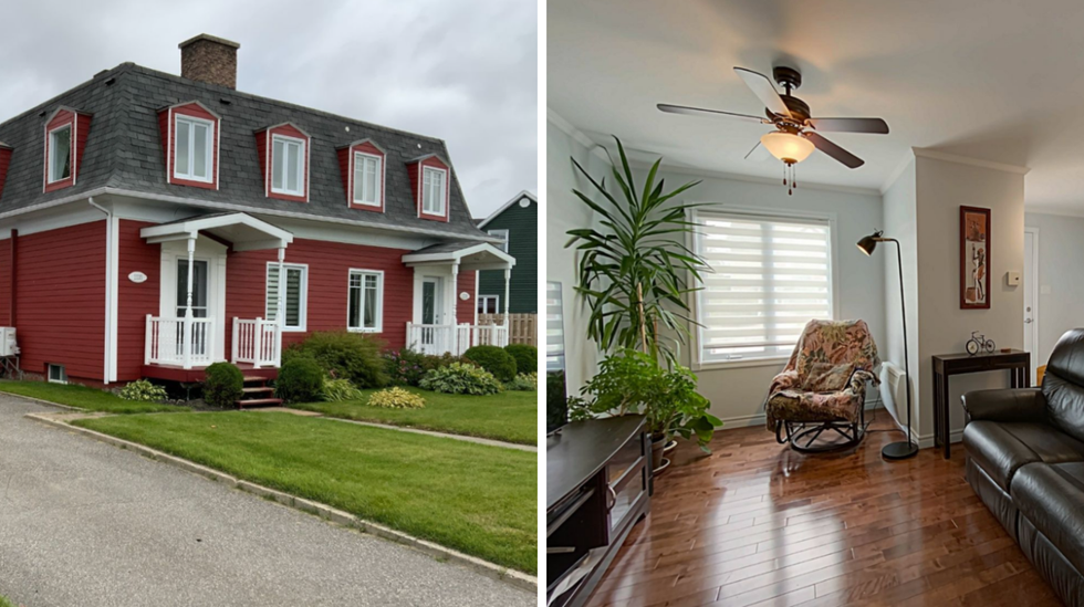 The front of the home, with driveway. Right: the living space.