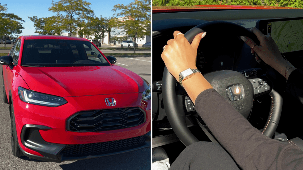 The front of the Honda HR-V. Right: Hands on the steering wheel of the Honda HR-V.