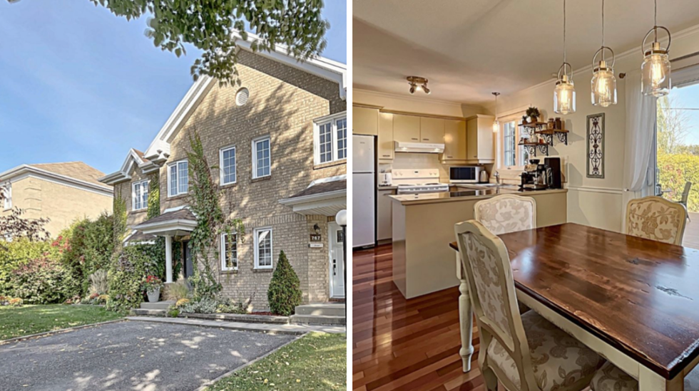 The front of the house and driveway. Right: the dining area and kitchen.