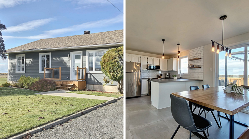 The front of the house. Right: the dining area and kitchen.