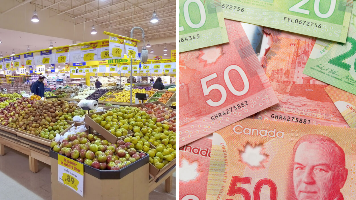 The fruit section at a Montreal grocery store. Right: A pile of Canadian money.
