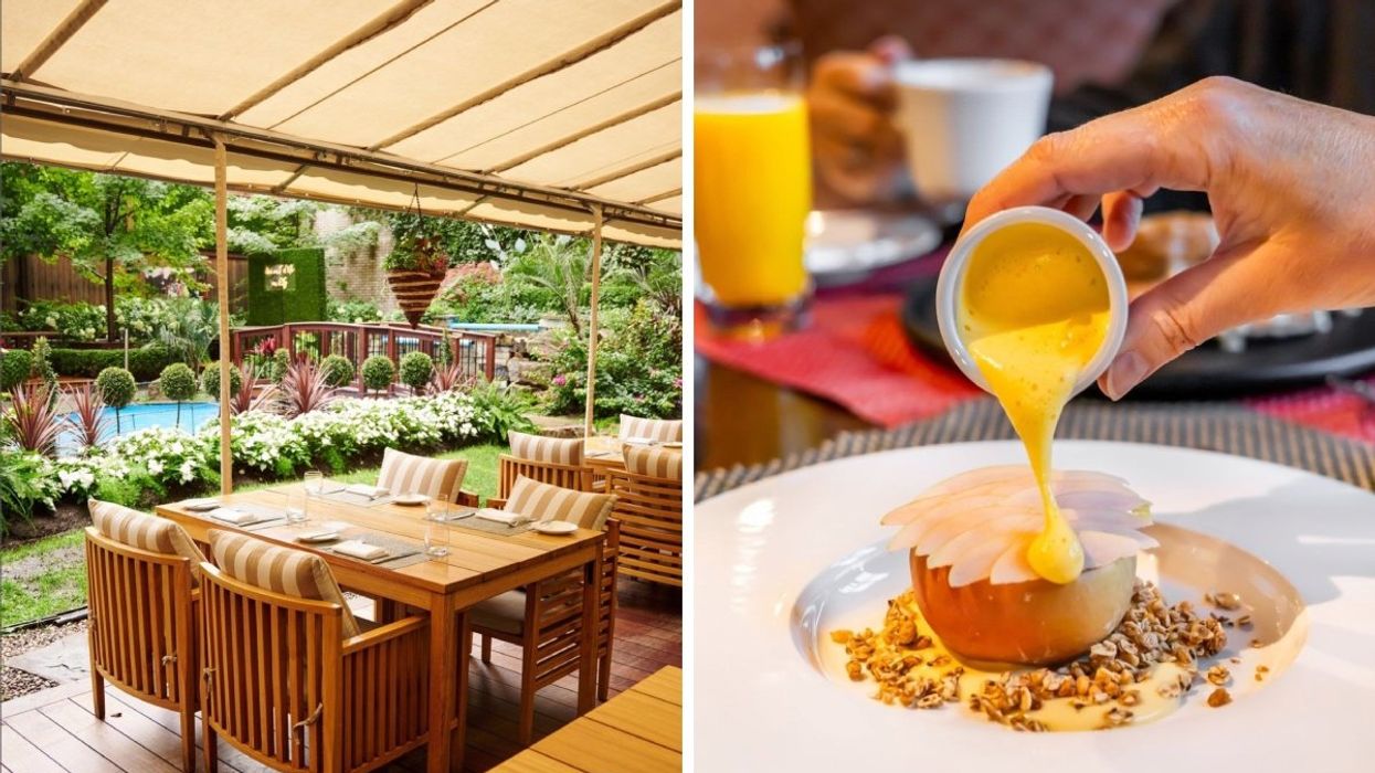 The garden area at restaurant Maison Boulud in Montreal. Right: A person pouring hollandaise sauce onto a dish at Chef Muffy in Quebec City.