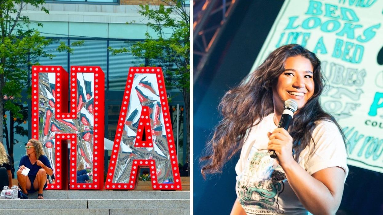 The giant 'HA' sculpture at the Just For Laughs festival in Montreal. Right: Montreal comedian Eva Alexopoulos performing stand-up comedy on stage.