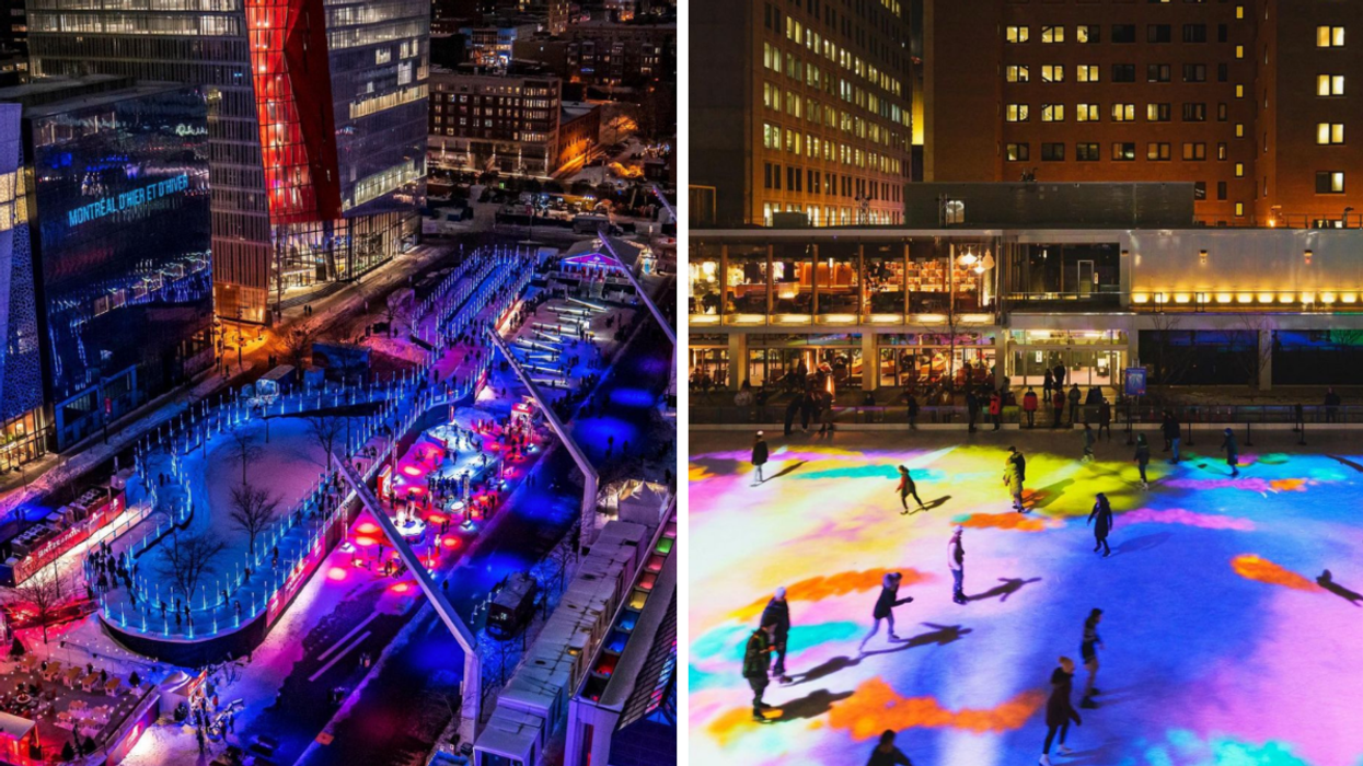 The giant outdoor ice skating path at Montreal en Lumière. Right: skaters enjoy the projections on the ice at the Esplanade Tranquille.