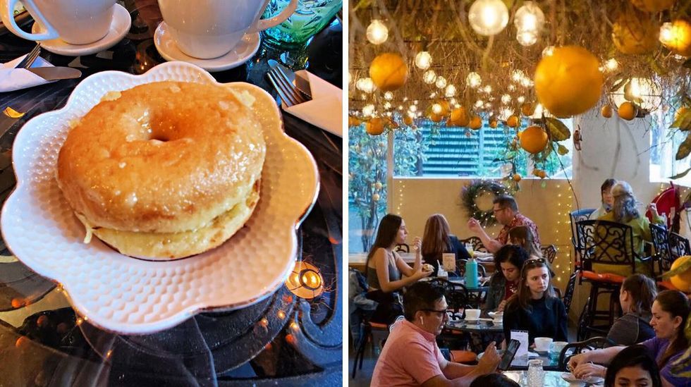 The grilled cheese donut at SoLIT Caf\u00e9. Right: People dine under the 'orange grove' ceiling.