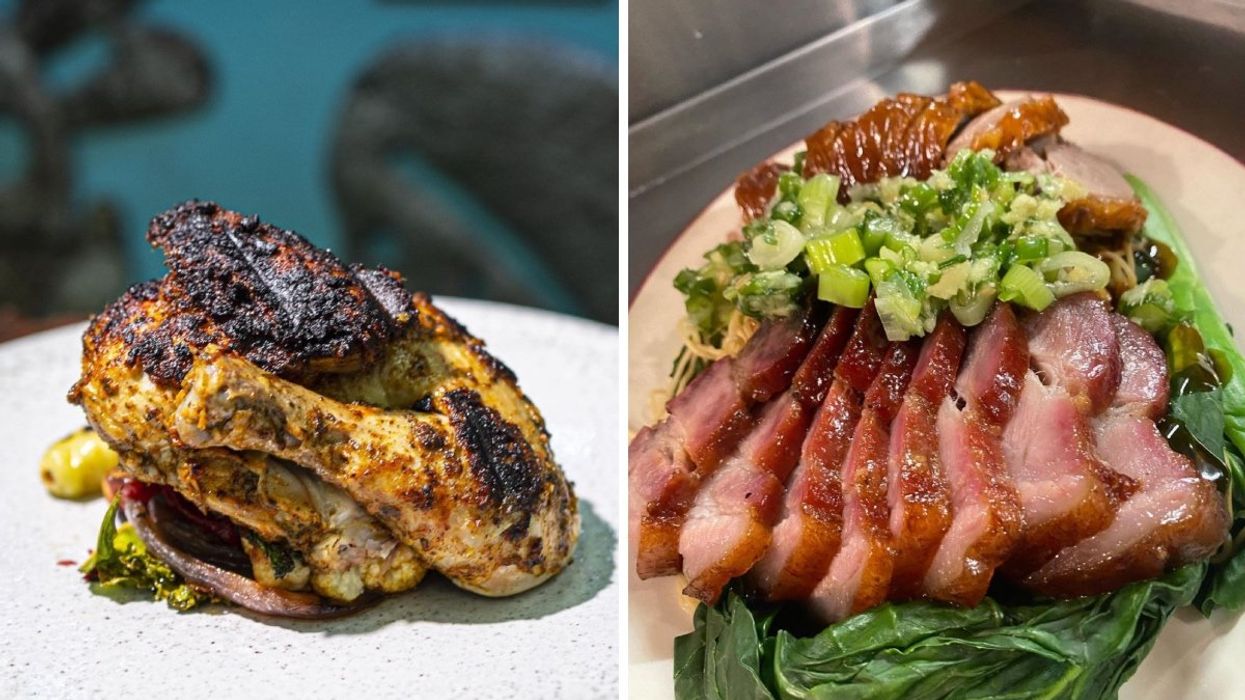 The grilled chicken from Kamuy Restaurant in Montreal. Right: The charsSiu and duck on lo mein dish from Dobe & Andy in Montreal.
