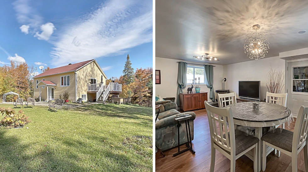 The home from the front yard. Right: the dining area and living space.