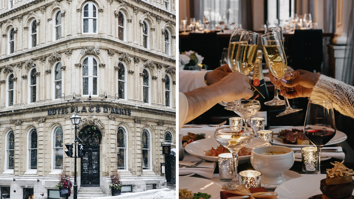 The Hotel Place D'Armes in Old Montreal. Right: Diners at Brasserie 701 cheers with champagne flutes.