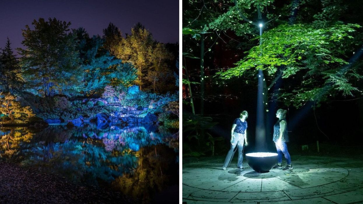 The illuminated Japanese Garden reflects on water. Right: Two people peer into a glowing bowl in the First Nations Garden.